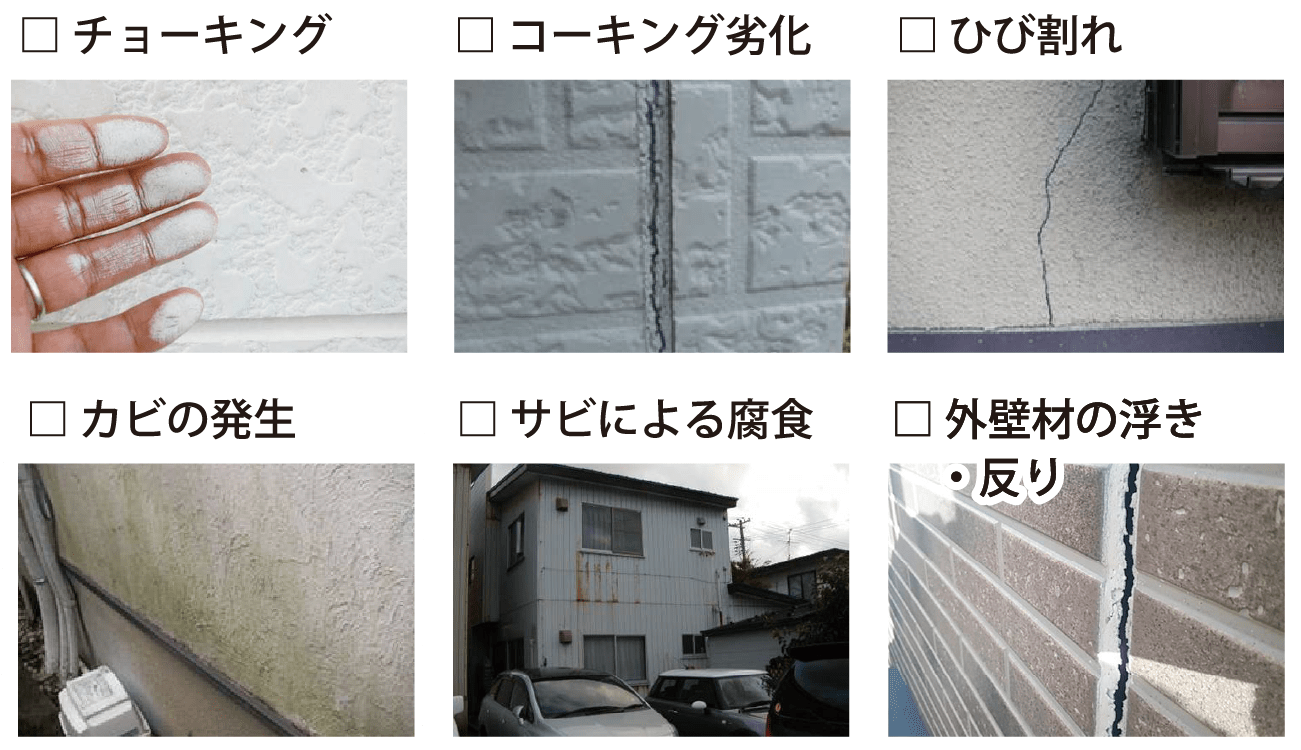 チョーキング・コーキング劣化・ひび割れ・カビの発生・サビによる腐食・外壁の浮き・反り